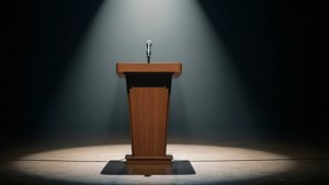 Een podium met een microfoon onder een spotlight op een leeg toneel.