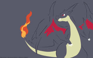 Mega Charizard Y with fiery tail and red wings against dark gray background.