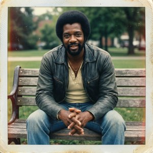 A man with an afro sits on a park bench wearing a leather jacket and jeans. — Richard Roundtree Wallpaper