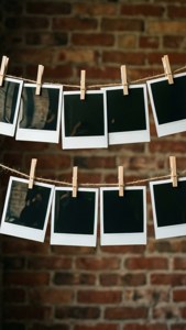 En hållare av polaroidbilder på ett snöre mot tegelvägg.