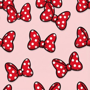 Sømløst mønstertapet med gentagne Minnie Mouse-sløjfer i røde og hvide prikker på pink.