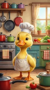 Bebek Canticos yang lucu Pollito sebagai koki di dapur yang terang, ideal untuk dekorasi yang ceria.