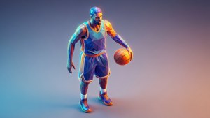 Low-poly geometrische basketballer met moderne kleurrijke digitale kunststijl