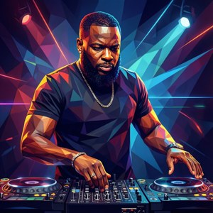 Arte digitale low poly di DJ Humphries in azione.