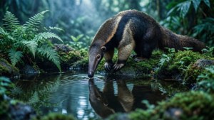 Tamandua buvant dans un étang dans une jungle brumeuse. — Sadaharu Fonds d'écran