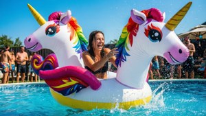 Like Nastya menikmati pesta kolam renang dengan pelampung unicorn raksasa.
