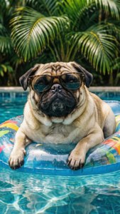Pug dog in sunglasses floating on pool float with palm trees behind. — Dog Background