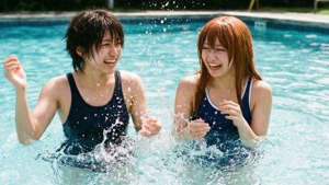 Azusa et Nanaka s'amusent à éclabousser dans une piscine ensoleillée.