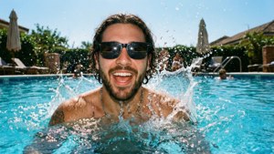 Man in sunglasses laughing in a swimming pool on a sunny day. — Maluma Background