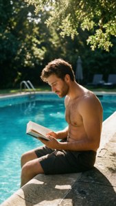Elio relaxing by the pool with a book in the Italian summer
