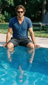 Ian Somerhalder ved en pool med vandrefleksion, iført solbriller om sommeren.