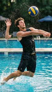 Spikeball vid poolen med stänkeffekt