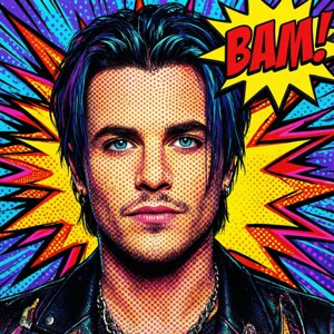 Jeffree Star en tant qu'icône pop art avec des effets de bande dessinée et des couleurs vives.