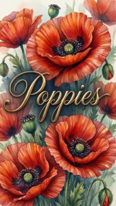 Elegant vektortypografi med 'Poppies' i kursiv over en akvarelvalmuebaggrund.