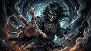 Een yurei reikt vanuit een portaal van duistere energie in een dramatische stripstijl.