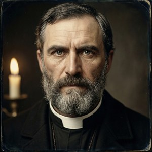 Un portrait de style daguerréotype de Bridges éclairé par la lumière d'une bougie.