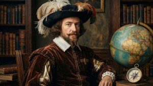 Jacques Cartier i fjærprydet hatt og dobbeltspent kappe med globus og kompass, portrettstil.