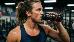 Papel de parede fitness com atleta bebendo Rogue Energy na academia.