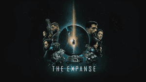 Six characters in space gear surround a glowing planet with a spaceship in the center. — Poster PNG