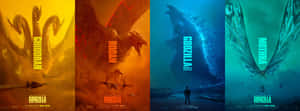 Cuatro pósters de la película Godzilla con monstruos kaiju en escenas ígneas y acuáticas. — Estética de One Piece Fondos de pantalla