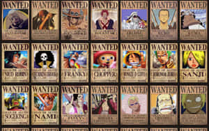 Grade de cartazes de procurados de anime com personagens piratas e valores de recompensa. — Poster Papéis de Parede
