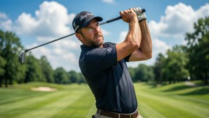 Briny Baird sedang mengayun di lapangan golf yang cerah.