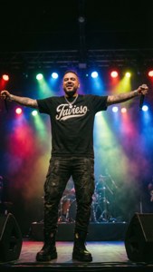 Energiskt konsertfoto av Lil Travieso med armarna brett utsträckta