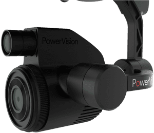 Close-up of a black PowerVision drone camera with two lenses and branding. — Dslr Camera Wallpaper