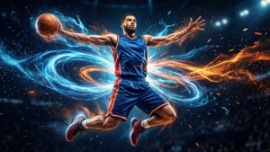 Jogador de basquete em pose de super-herói com rastros de energia e partículas giratórias
