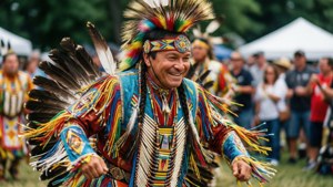 Eric Schweig balla con abiti indigeni colorati durante un powwow.