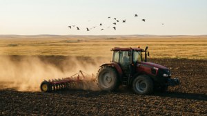 Large plan cinématographique d'un tracteur Case IH tirant une herse à disques sous une lumière dorée.