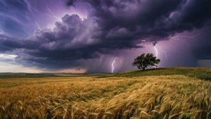 Een dramatische storm over een prairie met bliksem en tarwevelden voor ultrawide wallpapers