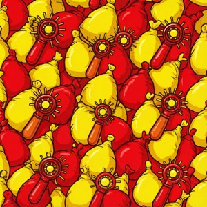 Seamless pattern of prank items like hand buzzers and whoopee cushions