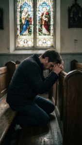 Angst geuit door wanhopig gebed in een schemerige kerk