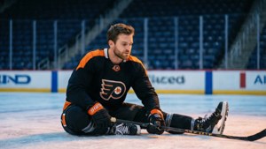 Brayden Schenn dehnt sich während des Aufwärmens mit den Philadelphia Flyers.