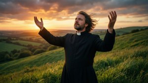 John Wesley predikt op een heuvel bij zonsondergang, dramatisch maar sereen behang