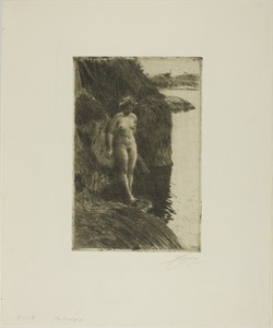 Precipice by Anders Zorn, created 1909, in Etching on ivory laid paper. Download this artwork as a high-resolution wallpaper for desktop, tablet, or mobile. — Illustration Wallpaper