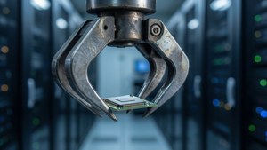 Makro dari cakar penangan teleskopik yang mencengkeram microchip di ruang server.