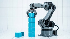 En minimalistisk VEX-robot som staplar kuber på en ren vit rutnätsbakgrund med coola cyan- och vita toner.