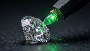 Close-up of a diamond tester probe on a diamond with green LED glow.