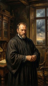 Jeremias van Schaak in uno studio in stile Rembrandt con cieli tempestosi