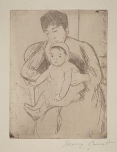 Preparing Bill for an Outing by Mary Cassatt, created c. 1889, in softground etching. Download this artwork as a high-resolution wallpaper for desktop, tablet, — Art Picture