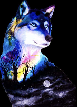Lobo con pelaje cósmico y cielo estrellado dentro de su cuerpo bajo una luna llena. — Estética de lobo Fondos de pantalla