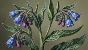 Vintage botanical print of Prickly Comfrey by Sydenham Edwards with blue-purple flowers and textured leaves.