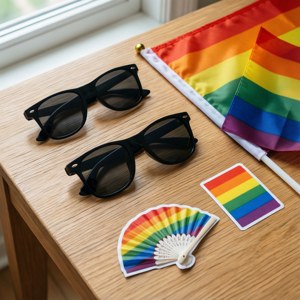 Flat lay van regenboog Pride-accessoires op een houten tafel, schone minimalistische esthetiek