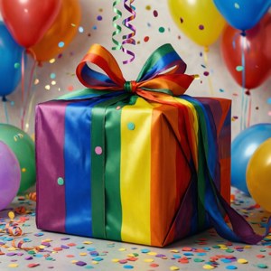 Et stolthetsflagg pakket rundt en gaveeske med ballonger og konfetti.