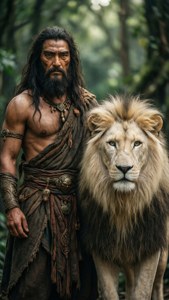 Enkidu avec un lion blanc, majestueux et naturel.