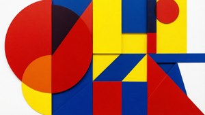 Dristig abstrakt geometrisk tapet med primærfargeformer og rene linjer.