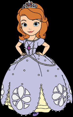 Cartoon princess in purple gown with floral patterns and jeweled tiara