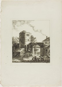 Procession through a Rustic Gate by Salomon Gessner, created 1764, in Etching on cream laid paper. Download this artwork as a high-resolution wallpaper for desk — Illustration Wallpaper